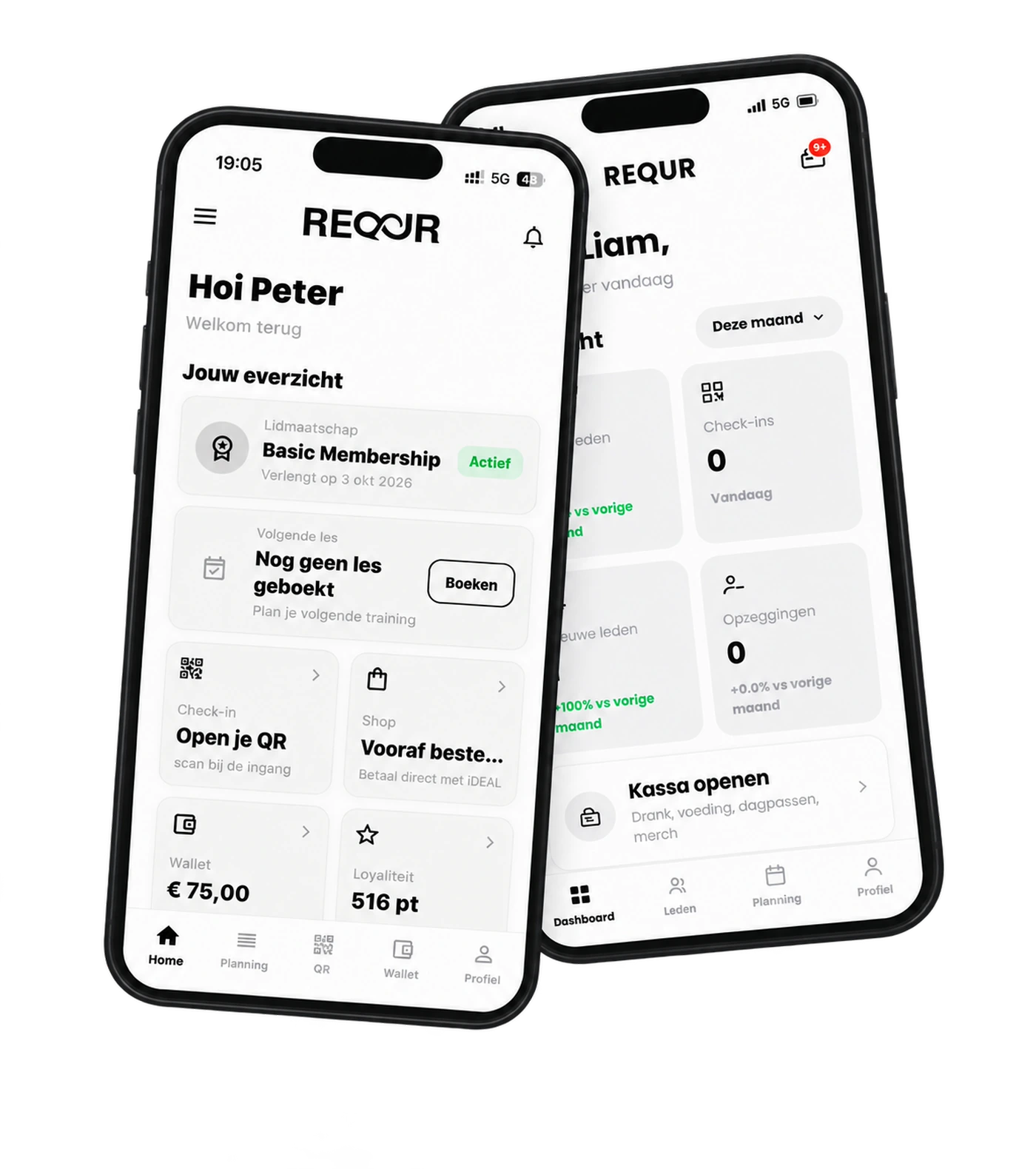 De REQUR beheer-app en de app voor je leden naast elkaar